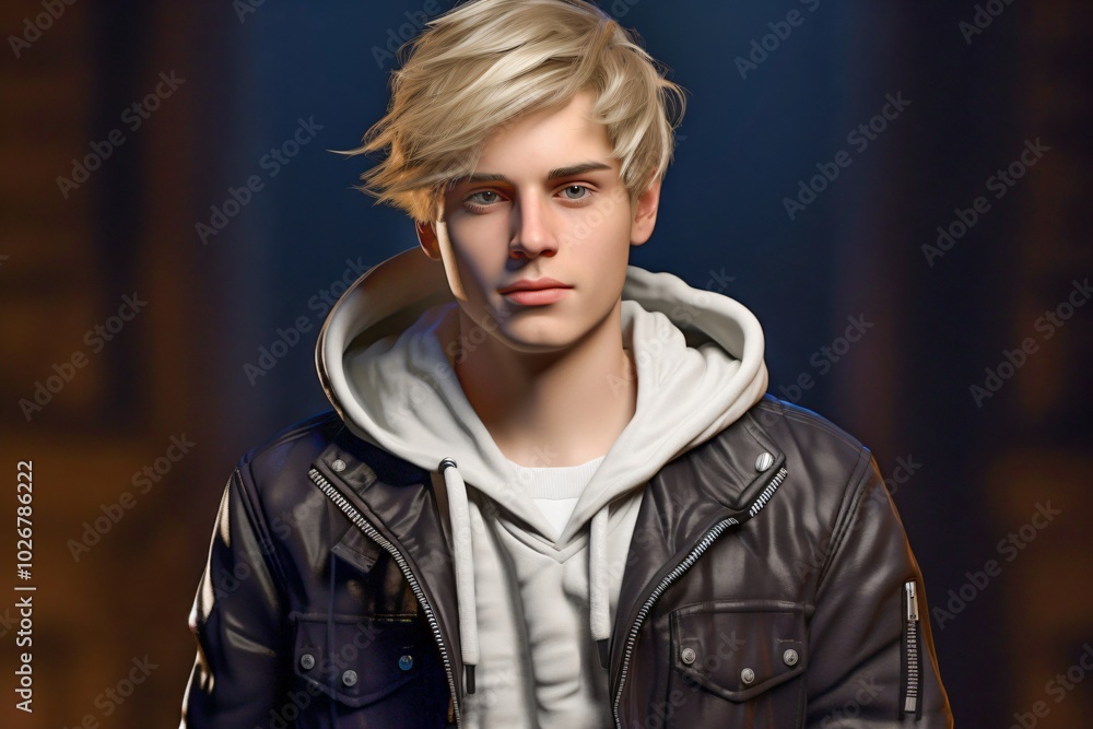 Blond haired teen guy wearing a black jacket Blond haired teen guy wearing a black jacket