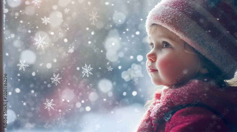 A curious child looking out the window at the first snowfall of the season, with snowflakes gently falling. A curious child looking out the window at the first snowfall of the season, with snowflakes gently falling.