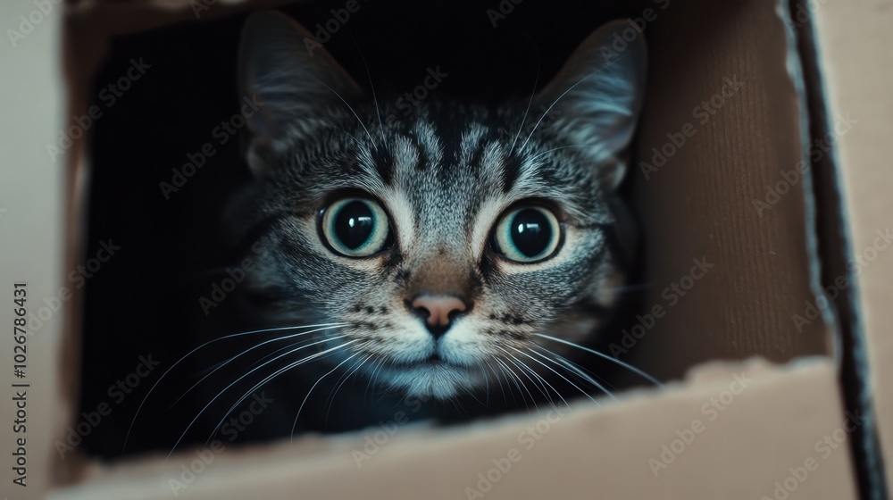 A cute cat peeking out from a cardboard box, its face filled with curiosity and whiskers twitching. A cute cat peeking out from a cardboard box, its face filled with curiosity and whiskers twitching.