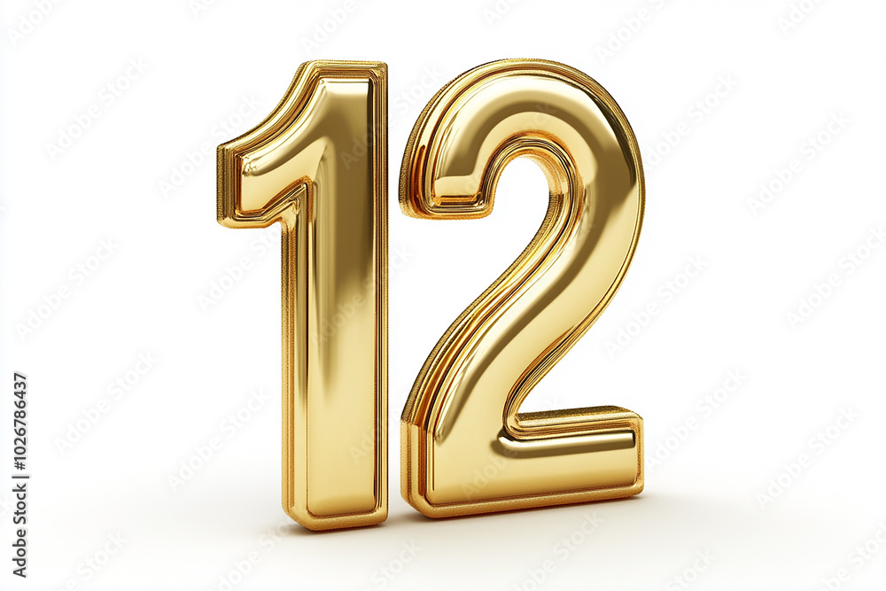 3d gold number 12 isolated on white background