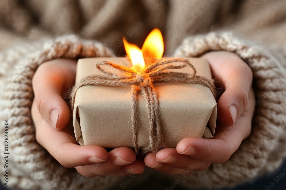 Warm Hands Holding a Wrapped Gift with a Burning Candle, A Symbol of Tradition and Generosity, Perfect for Holiday Greetings and Festive Occasions Warm Hands Holding a Wrapped Gift with a Burning Candle, A Symbol of Tradition and Generosity, Perfect for Holiday Greetings and Festive Occasions