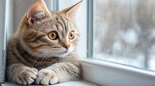 Wallpaper Mural A cute cat sitting on a windowsill, watching the world outside with its paws tucked under its body. Torontodigital.ca