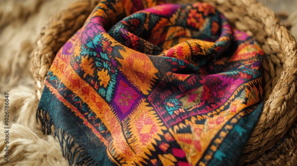 Colorful Patterned Scarf on Natural Texture Background Colorful Patterned Scarf on Natural Texture Background