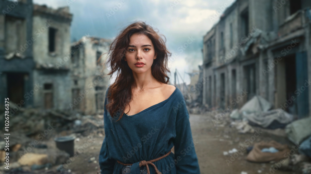 Fototapeta premium woman standing in ruined town, only survivor after war