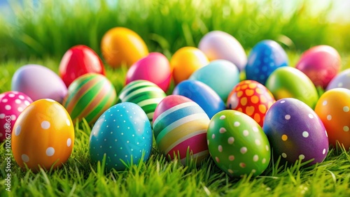 Colorful Easter eggs scattered on a grassy background, Easter, background, eggs, colorful, decoration, festive, holiday