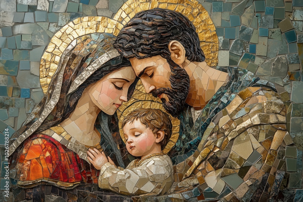 Obraz premium A detailed mosaic of the Holy Family, embellished with radiant tiles and sparkling gold highlights. Mary, Joseph, and baby Jesus, christmas scene