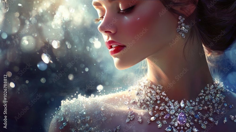 Elegant woman in a diamond-studded white dress, wearing a sparkling necklace of diamonds and gems, glowing with beauty Elegant woman in a diamond-studded white dress, wearing a sparkling necklace of diamonds and gems, glowing with beauty