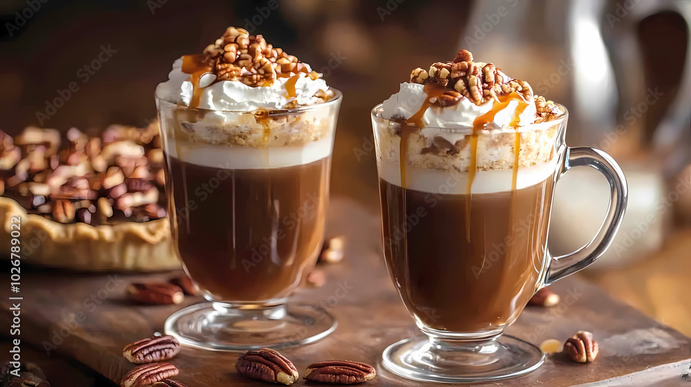 Irish coffee with a slice of pecan pie paired with whipped cream and caramel drizzle Irish coffee with a slice of pecan pie paired with whipped cream and caramel drizzle