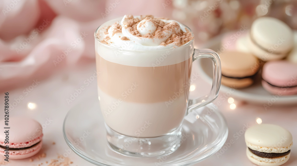 Latte in a clear glass with a plate of macarons, showcasing pastel colors Latte in a clear glass with a plate of macarons, showcasing pastel colors