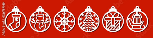 Set of round Christmas ball designs, pendant or keychain. Winter holidays ornaments. Jewelry laser cut template. Cnc cutting with metal, wood or leather. New Years decorative vector circle elements