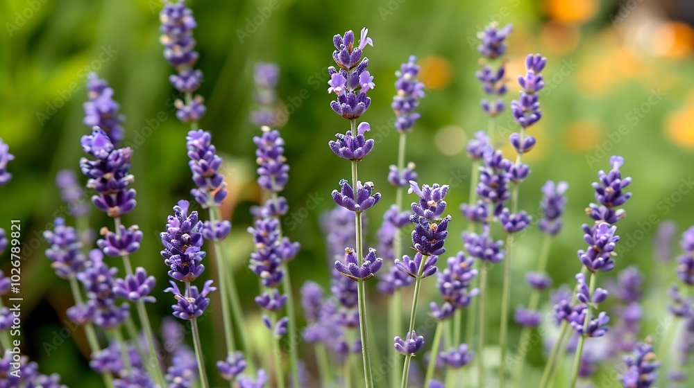 Lavender blossoms in a background with a plant Lavender blossoms in a background with a plant