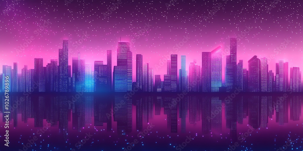 Neon cityscape reflected in water Neon cityscape reflected in water