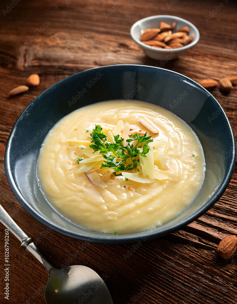 Creamy soup in a wooden bowl garnished with herbs and cheese Creamy soup in a wooden bowl garnished with herbs and cheese