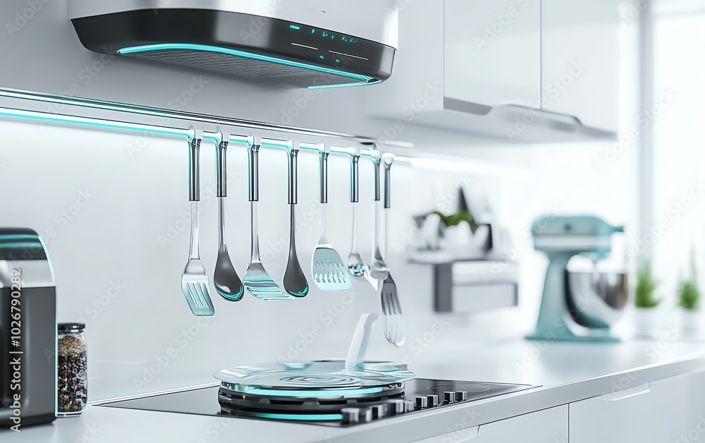 Intricate utensils levitating in a sleek kitchen, merging advanced robotics with gourmet cooking, a feast for the senses Intricate utensils levitating in a sleek kitchen, merging advanced robotics with gourmet cooking, a feast for the senses