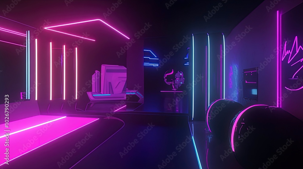 Modern Gaming Room with Coastal Views and Purple-Azure Tones - Generative AI Modern Gaming Room with Coastal Views and Purple-Azure Tones - Generative AI