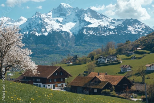 Wallpaper Mural Breathtaking views of the Swiss Alps in spring reveal blooming flowers alongside charming chalets nestled in a lush green valley. Generative AI Torontodigital.ca