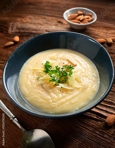 Creamy soup in a wooden bowl garnished with herbs and cheese