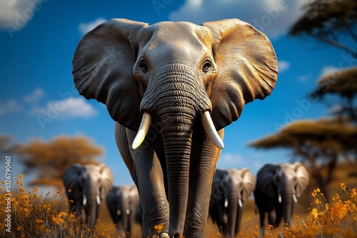 3D-rendered safari scene, with a herd of elephants walking through the savanna, surrounded by realistic textures, lighting, and dynamic landscapes, creating a lifelike digital wildlife experience photo