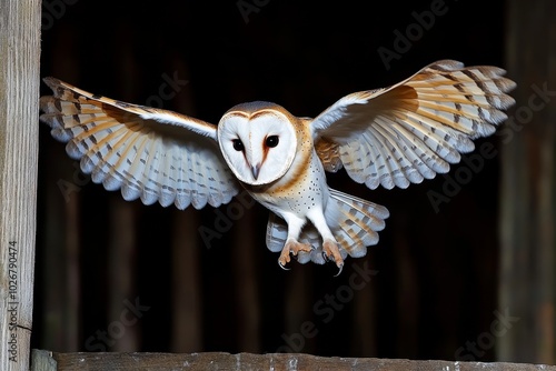 A barn owl in a barn at night, gliding silently through the air, its wings spread wide as it hunts for mice in the shadows photo