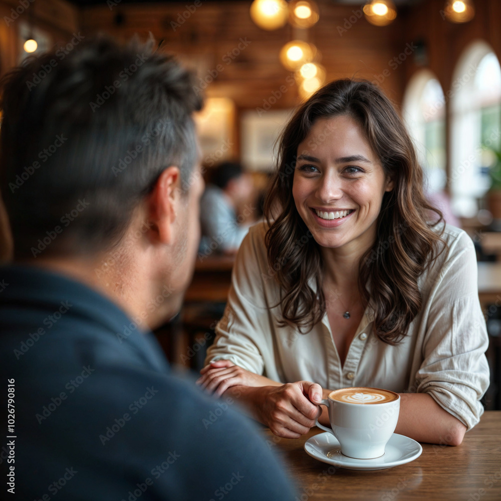 A woman is smiling and holding a cup of coffee. A man is talking to her. They are sitting at a table. A woman is smiling and holding a cup of coffee. A man is talking to her. They are sitting at a table.