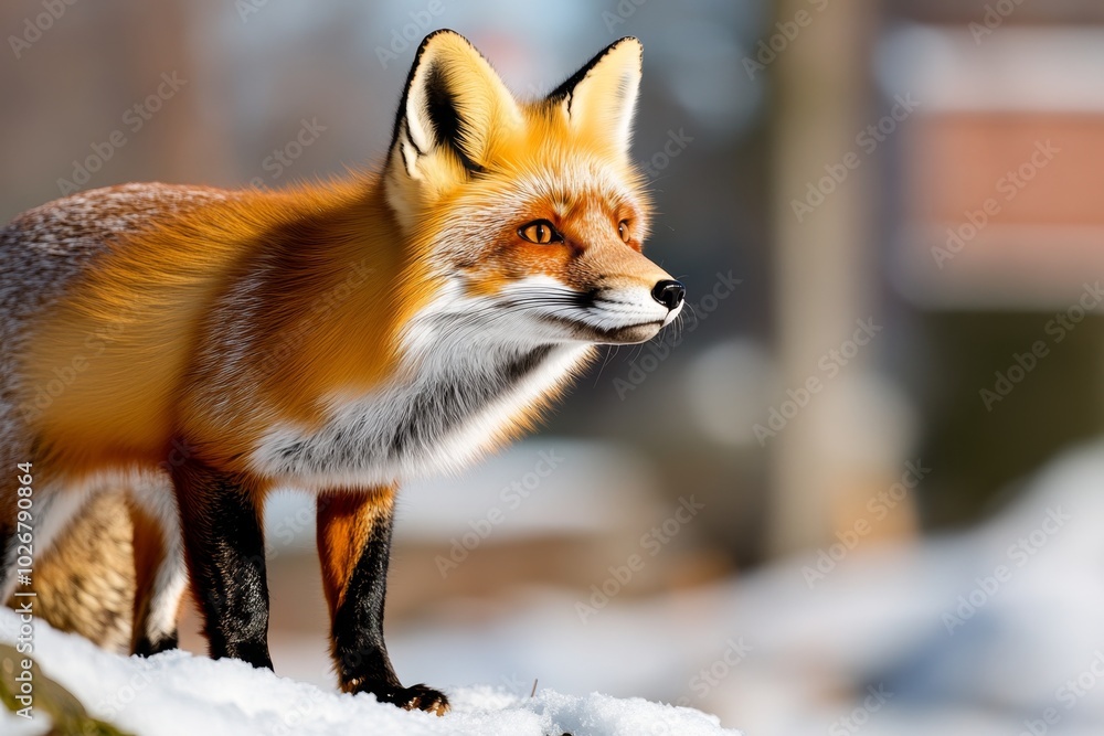 Obraz premium A red fox standing on a snowy hillside, its bright fur contrasting sharply against the pristine white snow, as it pauses to look out over the winter landscape