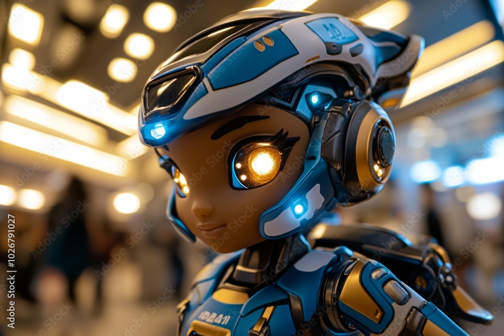 AI-controlled robot doll, designed with advanced features and interactive responses, with glowing LED eyes and sleek, metallic joints in a high-tech futuristic setting AI-controlled robot doll, designed with advanced features and interactive responses, with glowing LED eyes and sleek, metallic joints in a high-tech futuristic setting