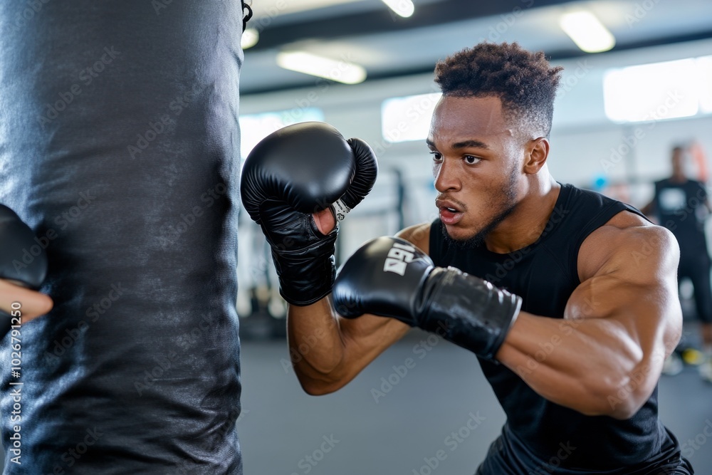 Boxer training with a punching bag, their fists flying in rapid succession, the sound of gloves hitting the bag echoing in the gym, showcasing strength and endurance Boxer training with a punching bag, their fists flying in rapid succession, the sound of gloves hitting the bag echoing in the gym, showcasing strength and endurance