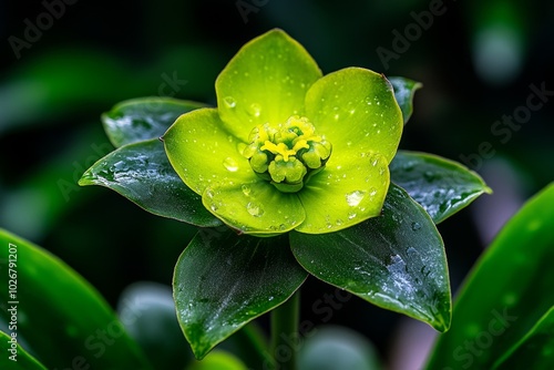 Blue Spurge bloom in isolation, with just a single yellow-green flower surrounded by a few glaucous leaves, focusing on the simplicity and beauty of the plantâ€™s form photo