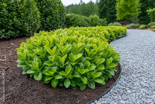 Broad-leaved Glaucous-spurge at the edge of a gravel pathway, with its spiral-shaped leaves forming a tidy mound that softens the harsh lines of the path photo