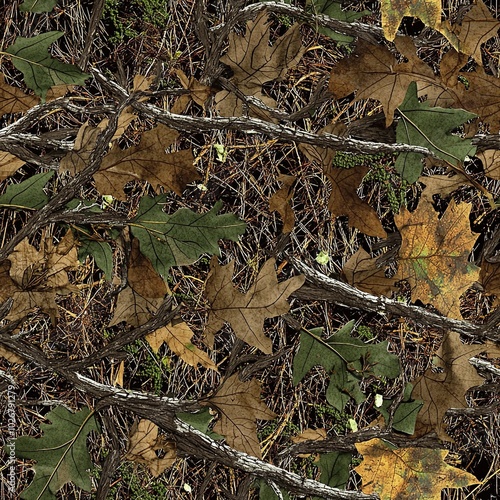 Woodlands Oak Tree and Oak Leaves Hunting Camo, Seamless Tree Bark Camouflage Pattern