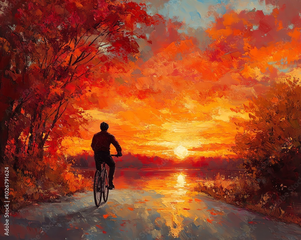 Fototapeta premium Charming image of a cyclist enjoying a leisurely ride during an autumn sunset, with rich hues of orange and red in the sky