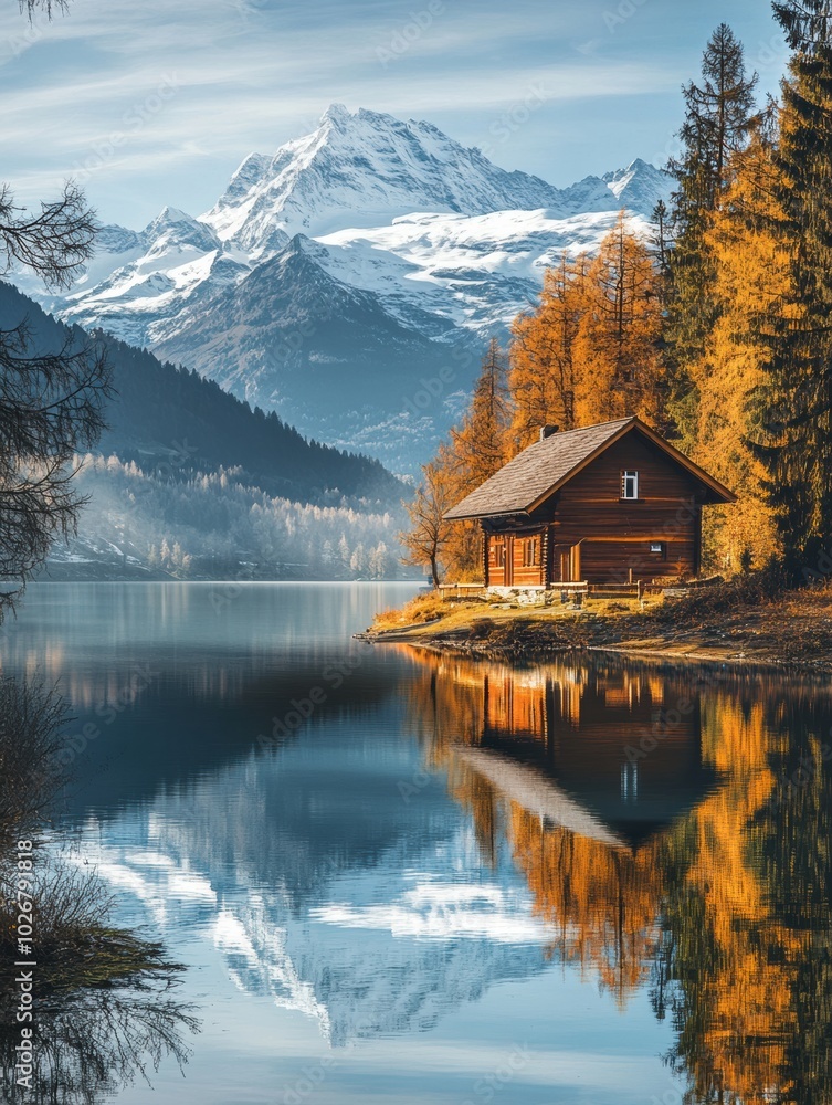 Fototapeta premium A tranquil wooden cabin rests by a shimmering lake, reflecting vibrant autumn colors and stunning Swiss mountains in the background. Generative AI