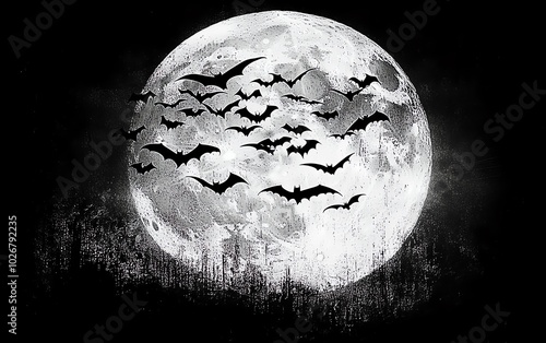 Shadowy outlines of bats flying in formation against a magnificent full moon, adding drama and intrigue to the night landscape photo