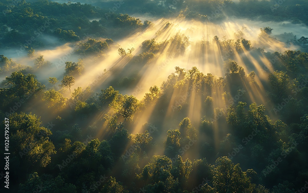 Breathtaking view of a misty forest illuminated by radiant sunlight, showcasing the captivating beauty of natures early morning light Breathtaking view of a misty forest illuminated by radiant sunlight, showcasing the captivating beauty of natures early morning light