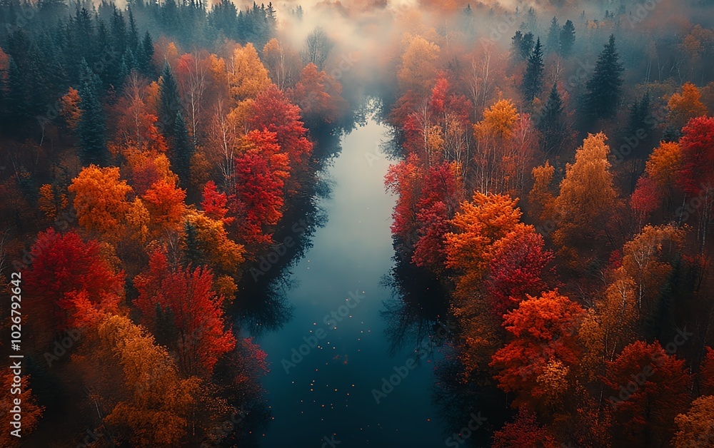 Breathtaking aerial view of a lush forest during peak autumn, showcasing a patchwork of fiery reds and warm oranges amidst a serene landscape Breathtaking aerial view of a lush forest during peak autumn, showcasing a patchwork of fiery reds and warm oranges amidst a serene landscape