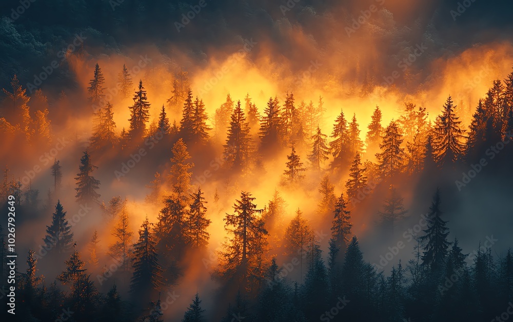 Breathtaking view of a misty forest illuminated by radiant sunlight, showcasing the captivating beauty of natures early morning light Breathtaking view of a misty forest illuminated by radiant sunlight, showcasing the captivating beauty of natures early morning light