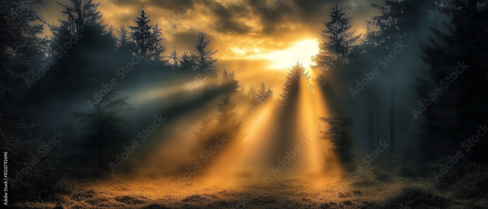 Captivating photograph of a forest enveloped in fog, with radiant sunlight piercing through, illuminating the magical landscape Captivating photograph of a forest enveloped in fog, with radiant sunlight piercing through, illuminating the magical landscape