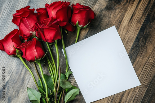 Red flowers with blank paper on copy space
