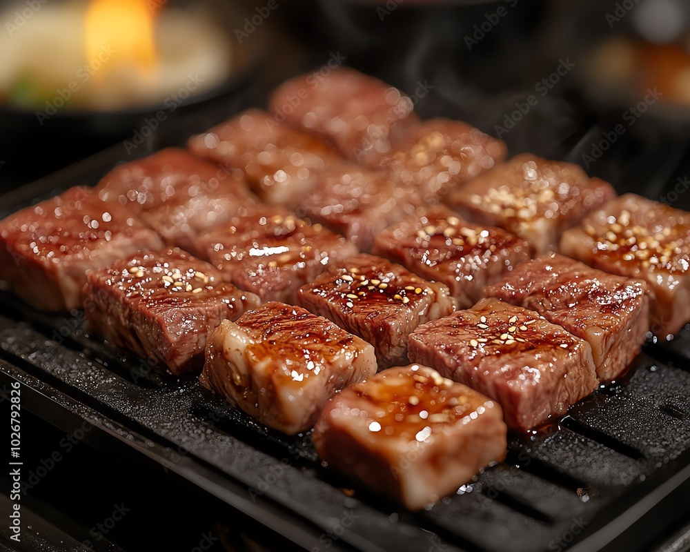 Closeup of perfectly grilled, succulent pieces of yakiniku, showcasing marbled meat glistening with savory juices and grill marks Closeup of perfectly grilled, succulent pieces of yakiniku, showcasing marbled meat glistening with savory juices and grill marks