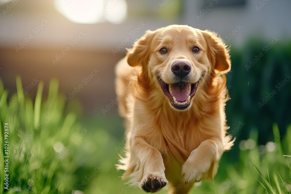 Golden retriever running through a field of tall grass, with the sunlight illuminating its fur, creating a radiant, warm effect as the dog happily bounds through the scene Golden retriever running through a field of tall grass, with the sunlight illuminating its fur, creating a radiant, warm effect as the dog happily bounds through the scene