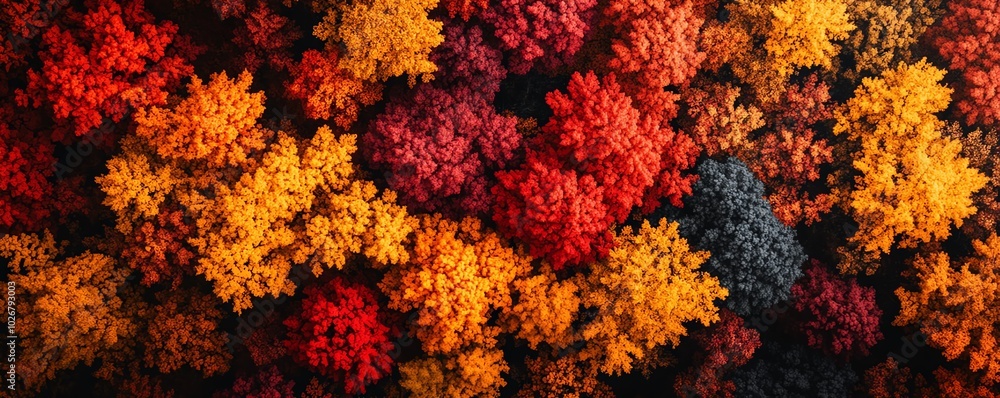 Drone shot capturing the breathtaking colors of fall in a dense forest, with rich hues of crimson and gold blending seamlessly in the treetops Drone shot capturing the breathtaking colors of fall in a dense forest, with rich hues of crimson and gold blending seamlessly in the treetops