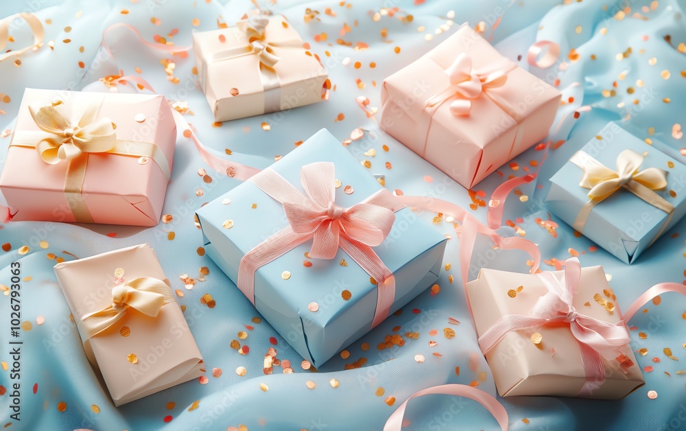 Elegant pastel gift boxes scattered on a soft surface, surrounded by confetti and ribbons, evoking a festive and cheerful vibe Elegant pastel gift boxes scattered on a soft surface, surrounded by confetti and ribbons, evoking a festive and cheerful vibe