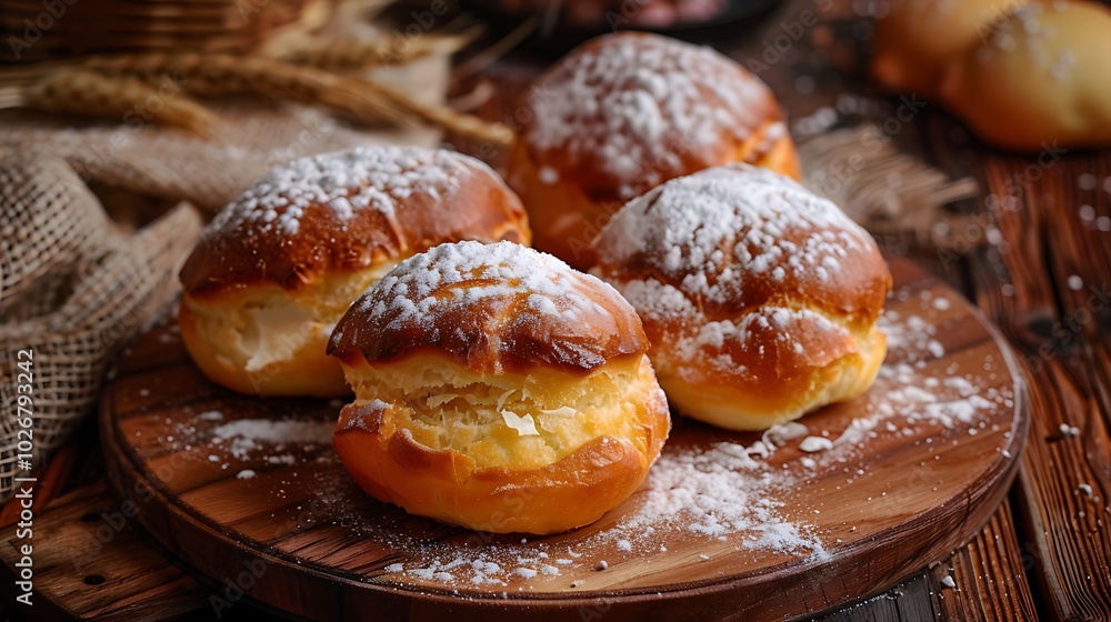 Made tasty buns filled with creme that have been fried and placed on an oak table Made tasty buns filled with creme that have been fried and placed on an oak table