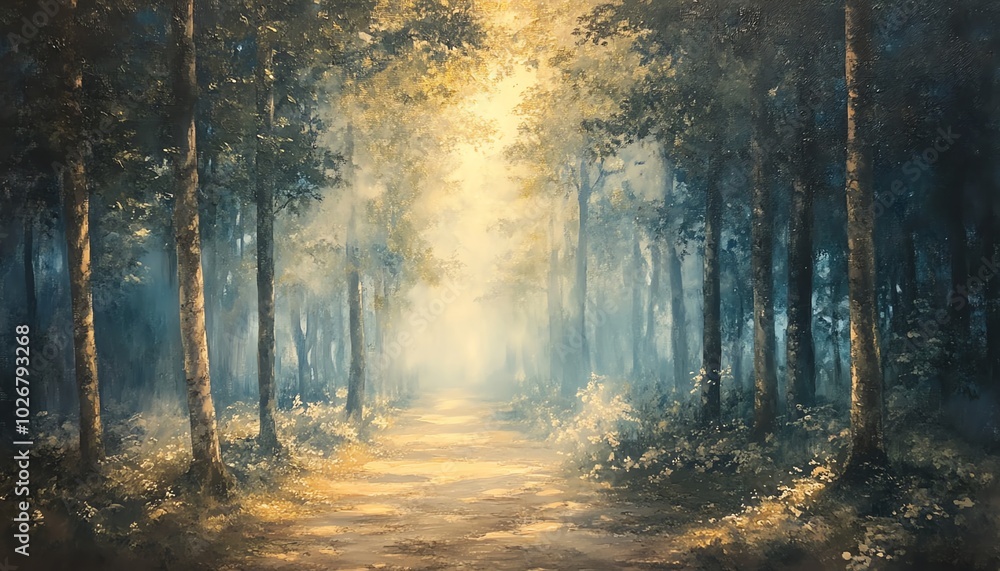 Fototapeta premium Serene depiction of a foggy woodland illuminated by soft sunlight, creating an ethereal glow around the trees and foliage