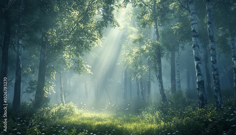 Obraz premium Serene depiction of a foggy woodland illuminated by soft sunlight, creating an ethereal glow around the trees and foliage
