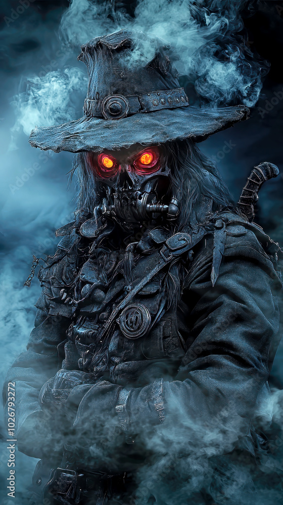 A menacing figure wearing a wide-brimmed hat and a mask stares intently, illuminated by the glowing orange of its eyes, surrounded by swirling smoke and shadows. A menacing figure wearing a wide-brimmed hat and a mask stares intently, illuminated by the glowing orange of its eyes, surrounded by swirling smoke and shadows.