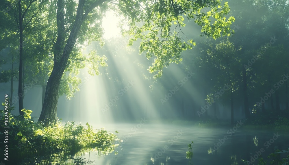 Serene depiction of a foggy woodland illuminated by soft sunlight, creating an ethereal glow around the trees and foliage Serene depiction of a foggy woodland illuminated by soft sunlight, creating an ethereal glow around the trees and foliage