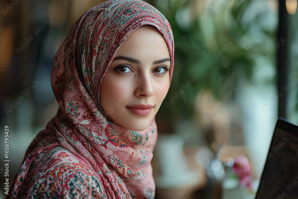 A woman wearing a hijab confidently leading a remote project, representing religious and cultural diversity in professional spaces. Concept of leadership. A woman wearing a hijab confidently leading a remote project, representing religious and cultural diversity in professional spaces. Concept of leadership.