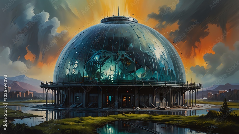 Obraz premium Futuristic dome structure with water and sky reflections.