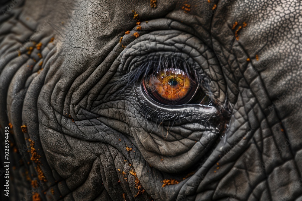 This close-up reveals the stunning detail of an elephant's eye, emphasizing the rich textures of its skin and the depth of its gaze. Generative AI This close-up reveals the stunning detail of an elephant's eye, emphasizing the rich textures of its skin and the depth of its gaze. Generative AI